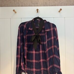 Plaid Button-Up Blouse with Bow